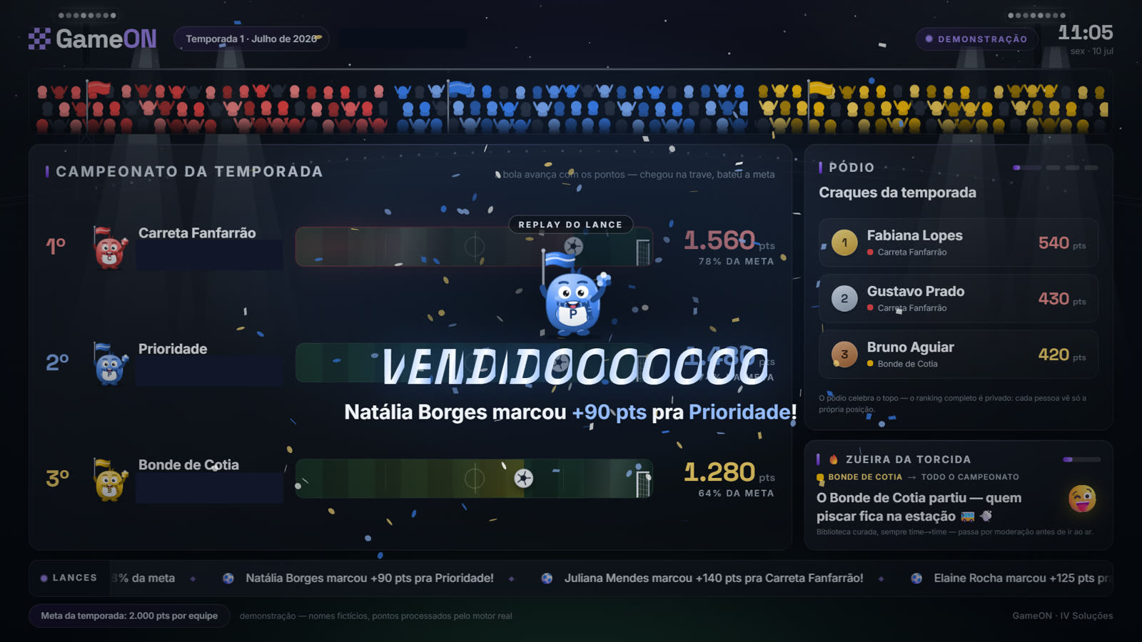 TV do GameON: estádio com torcida e placar do campeonato entre times de vendas